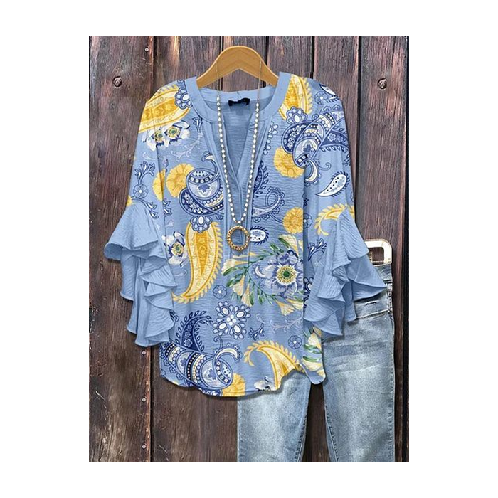 Women Floral Half Sleeve Shirt Summer Printing V Neck Daily Casual Top