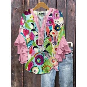 Women Floral Half Sleeve Shirt Summer Printing V Neck Daily Casual Top
