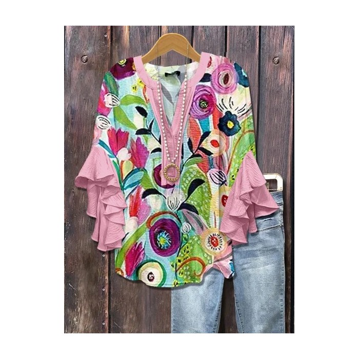 Women Floral Half Sleeve Shirt Summer Printing V Neck Daily Casual Top