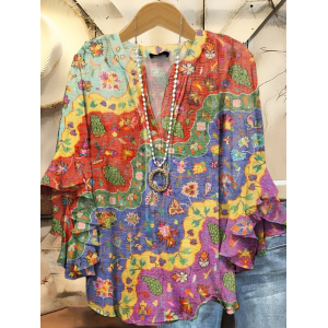 Women Floral Half Sleeve Shirt Summer Printing V Neck Daily Casual Top