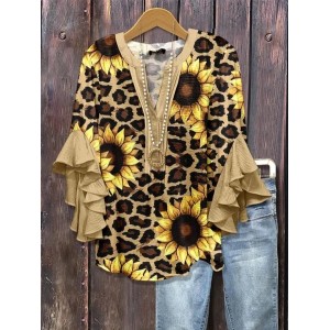 Women Leopard Half Sleeve Shirt Summer Printing V Neck Daily Casual Top