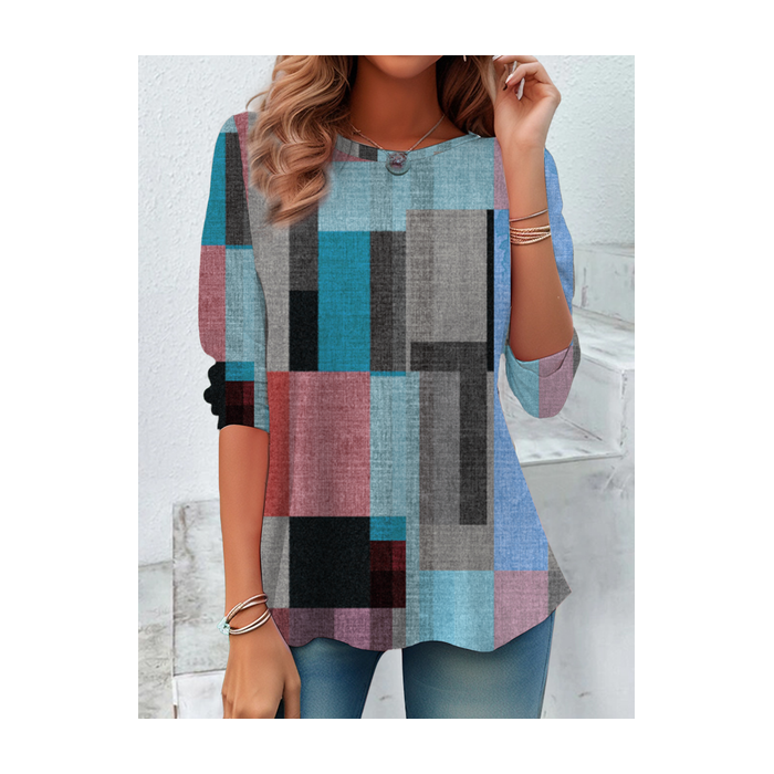 Women Abstract Plaid Long Sleeve Tee T-shirt Crew Neck Printing Casual Spring/Fall Graphic Tee Top