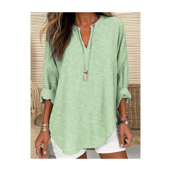 Women Striped Long Sleeve Blouse Spring/Fall Printing V Neck Daily Casual Top