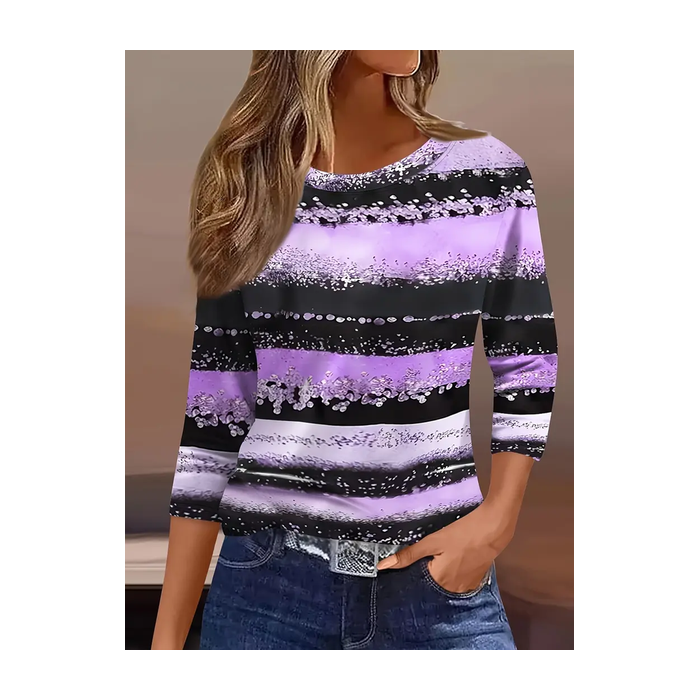 Women Striped Three Quarter Sleeve Tee T-shirt Crew Neck Casual Spring/Fall Graphic Tee Top