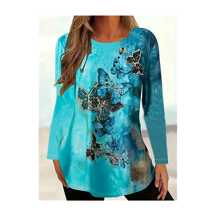 Women Butterfly Long Sleeve Tee T-shirt Crew Neck Printing Casual Spring/Fall Graphic Tee Top