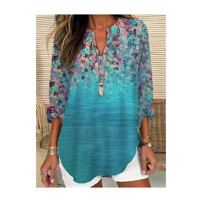 Women Floral Long Sleeve Blouse Spring/Fall Printing V Neck Daily Casual Top