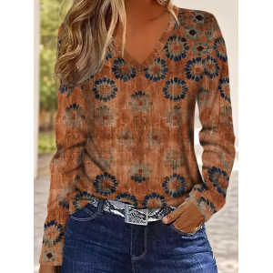 Women Abstract Long Sleeve Tee T-shirt V Neck Printing Casual Spring/Fall Graphic Tee Top
