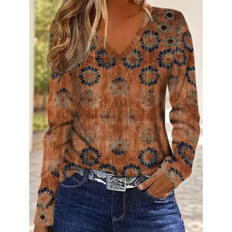 Women Abstract Long Sleeve Tee T-shirt V Neck Printing Casual Spring/Fall Graphic Tee Top