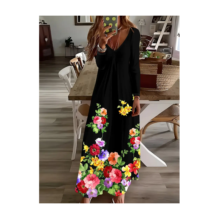 Women Abstract Long Sleeve Spring/Fall Printing Dress V Neck Daily Casual Maxi H-Line Dress