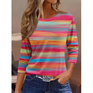 Women Striped Three Quarter Sleeve Tee T-shirt Crew Neck Casual Spring/Fall Graphic Tee Top