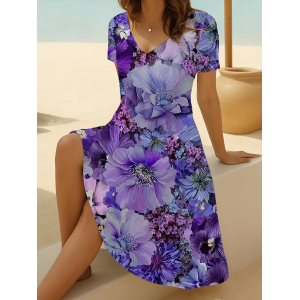 Women Floral Short Sleeve Summer Printing Dress V Neck Daily Casual Midi Fit & Flare Dress A-Line Dress