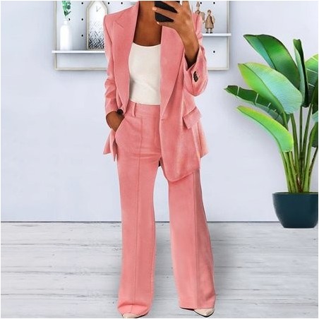 Women Plain Split Joint Two-Piece Set Daily Long Sleeve Casual Spring/Fall Coat With Pants Matching Set