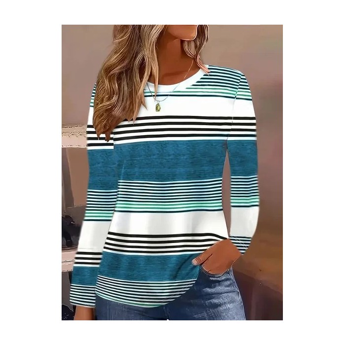 Women Striped Long Sleeve Tee T-shirt Crew Neck Printing Casual Spring/Fall Graphic Tee Top