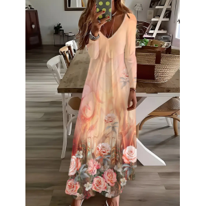 Women Floral Long Sleeve Spring/Fall Printing Dress V Neck Daily Casual Maxi H-Line Dress