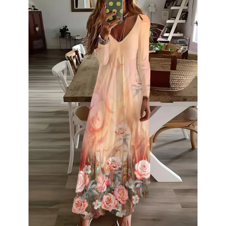 Women Floral Long Sleeve Spring/Fall Printing Dress V Neck Daily Casual Maxi H-Line Dress