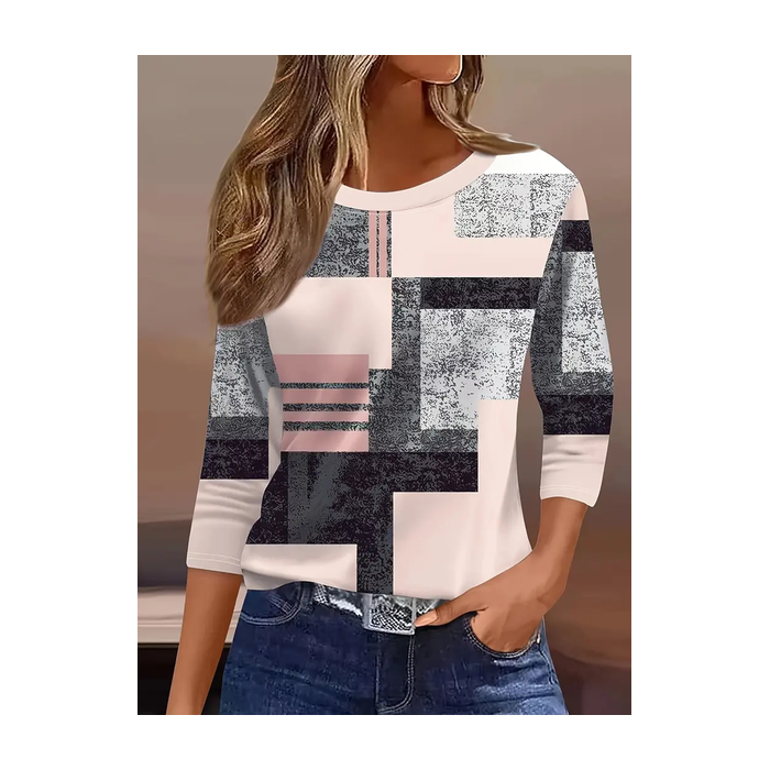 Women Geometric Three Quarter Sleeve Tee T-shirt Crew Neck Casual Spring/Fall Graphic Tee Top