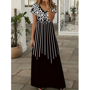 Women Abstract Short Sleeve Summer Printing Dress V Neck Daily Casual Maxi X-Line Dress