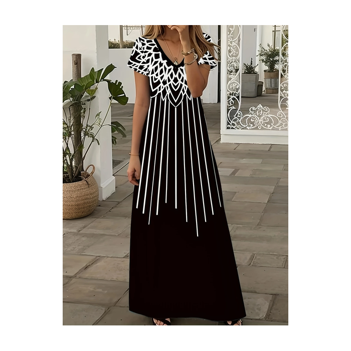 Women Abstract Short Sleeve Summer Printing Dress V Neck Daily Casual Maxi X-Line Dress
