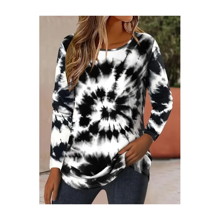Women Tie-Dye Pattern Long Sleeve Tee T-shirt Crew Neck Printing Casual Spring/Fall Graphic Tee Top