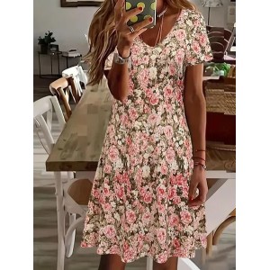 Women Floral Short Sleeve Summer Printing Dress V Neck Daily Casual Midi Fit & Flare Dress A-Line Dress