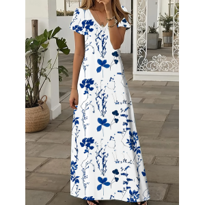 Women Floral Short Sleeve Summer Printing Dress V Neck Daily Casual Maxi X-Line Dress