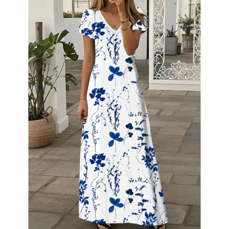 Women Floral Short Sleeve Summer Printing Dress V Neck Daily Casual Maxi X-Line Dress