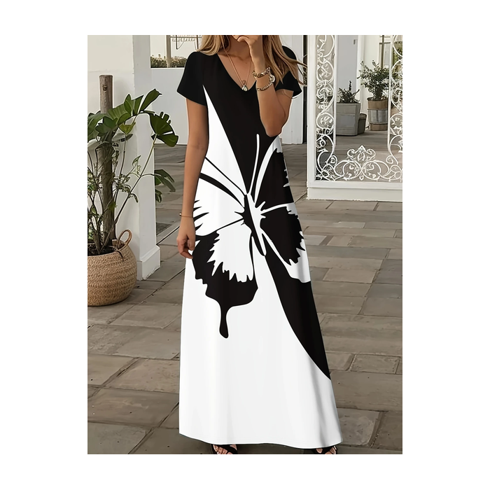 Women Butterfly Short Sleeve Summer Printing Dress V Neck Daily Casual Maxi X-Line Dress