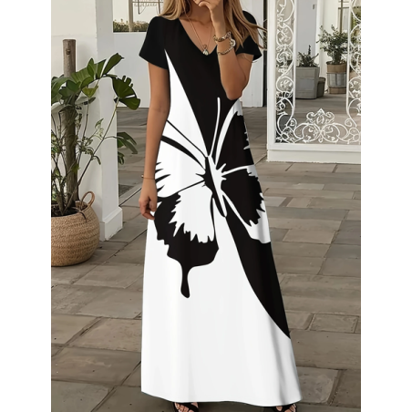 Women Butterfly Short Sleeve Summer Printing Dress V Neck Daily Casual Maxi X-Line Dress