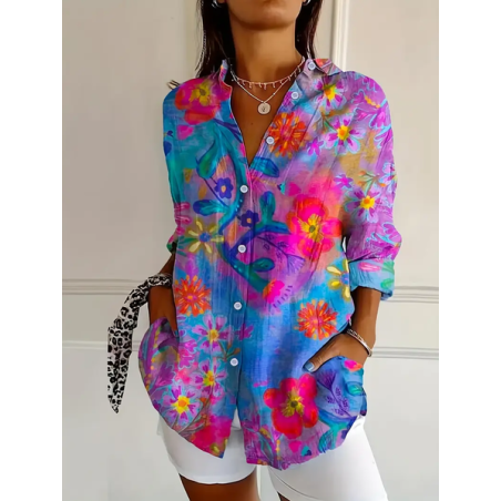 Women Floral Long Sleeve Shirt Spring/Fall Buckle Shirt Collar Regular Sleeve Daily Casual Top