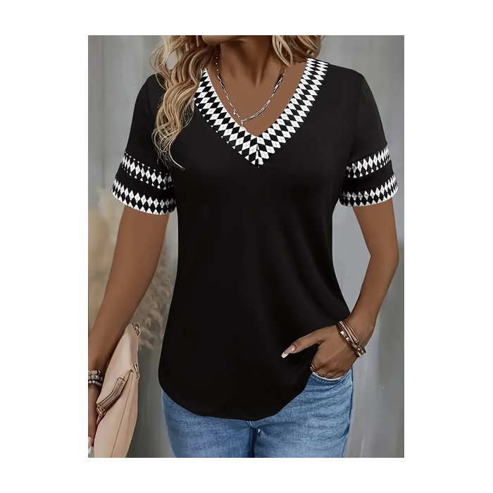 Women Geometric Short Sleeve Tee T-shirt V Neck Printing Casual Summer Graphic Tee Top