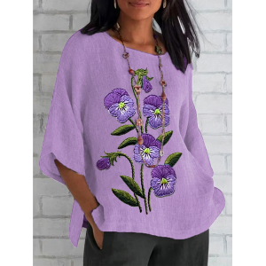 Women Floral Half Sleeve Tee T-shirt Crew Neck Casual Summer Top