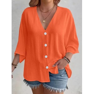 Women Plain Three Quarter Sleeve Shirt Spring/Fall Split Joint V Neck Daily Casual Top