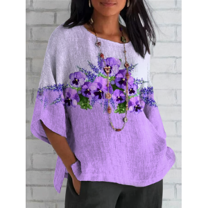 Women Floral Half Sleeve Tee T-shirt Crew Neck Casual Summer Top