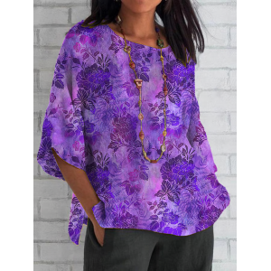 Women Floral Half Sleeve Tee T-shirt Crew Neck Casual Summer Top