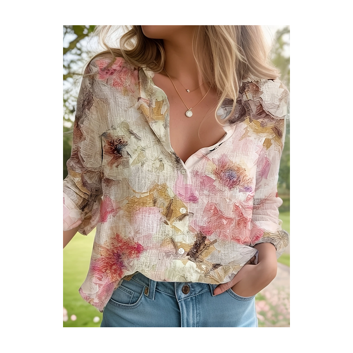 Women Floral Long Sleeve Shirt Spring/Fall Buckle Shirt Collar Daily Casual Top