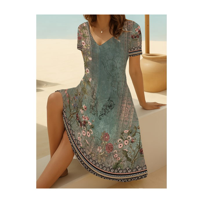 Women Floral Short Sleeve Summer Printing Dress V Neck Daily Casual Midi Fit & Flare Dress A-Line Dress