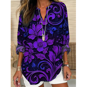 Women Floral Long Sleeve Blouse Spring/Fall Printing V Neck Daily Casual Top