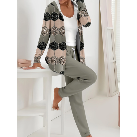Women Abstract Printing Two-Piece Set Daily Long Sleeve Casual Spring/Fall Coat With Pants Matching Set