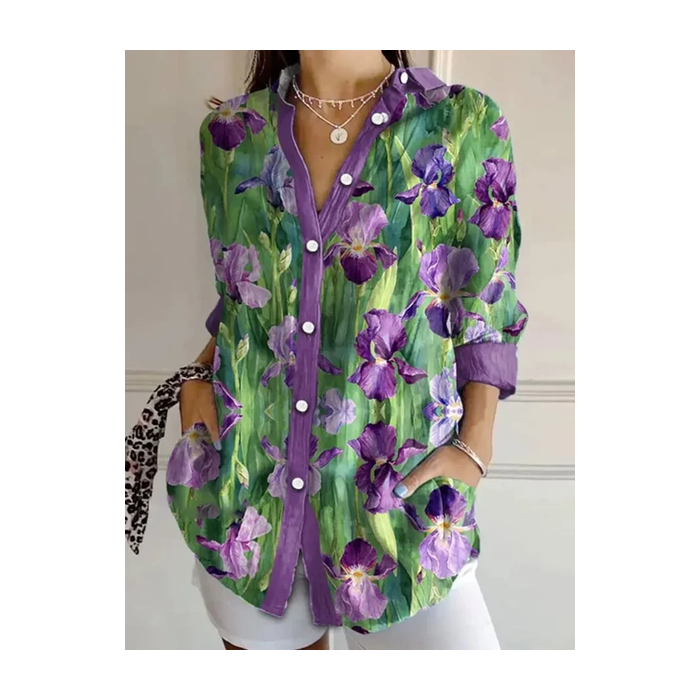 Women Floral Long Sleeve Shirt Spring/Fall Buckle Shirt Collar Daily Casual Top