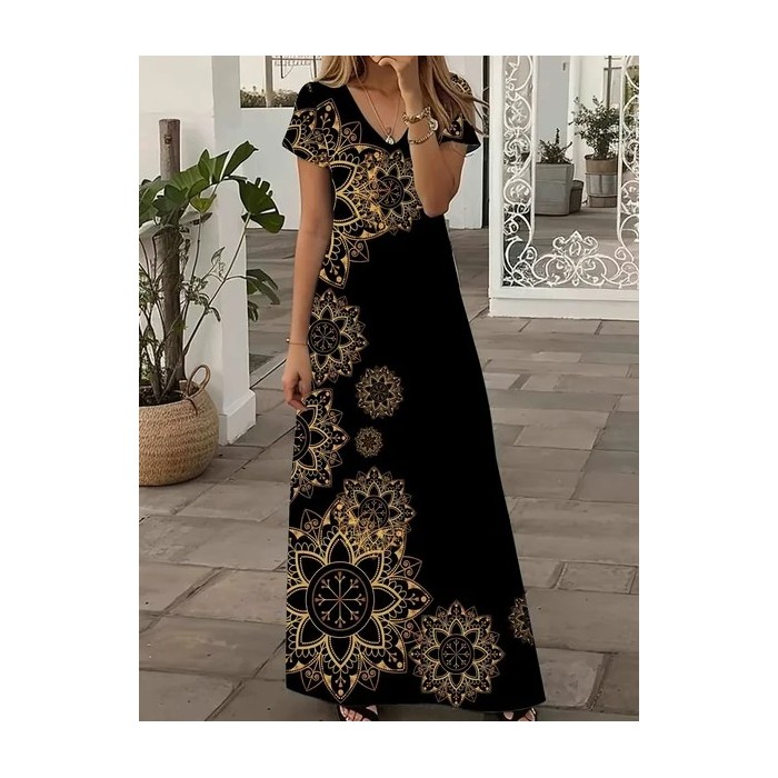 Women Floral Short Sleeve Summer Printing Dress V Neck Daily Casual Maxi X-Line Dress