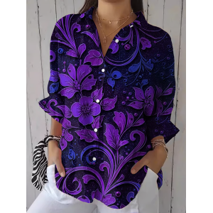 Women Floral Three Quarter Sleeve Shirt Spring/Fall Printing Shirt Collar Daily Casual Top