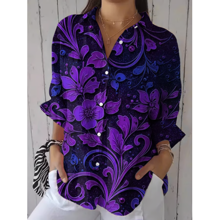 Women Floral Three Quarter Sleeve Shirt Spring/Fall Printing Shirt Collar Daily Casual Top