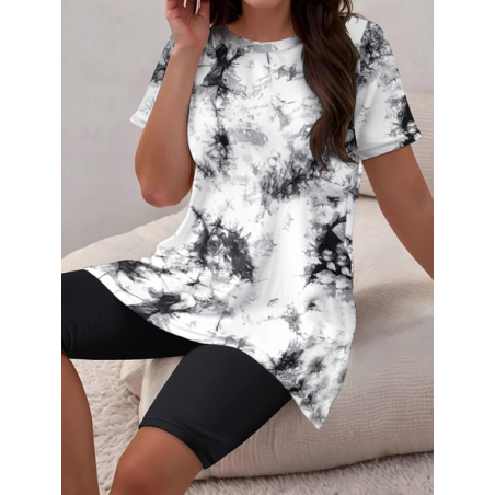 Women Abstract Printing Two-Piece Set Daily Short Sleeve Casual Summer Top With Pants Matching Set