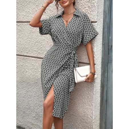 Women Geometric Short Sleeve Summer Printing Dress V Neck Daily Vintage Midi Tank A-Line Dress