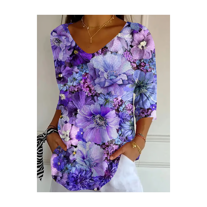 Women Floral Three Quarter Sleeve Tee T-shirt V Neck Printing Casual Spring/Fall Graphic Tee Top