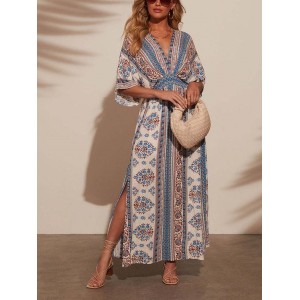 Women Floral Short Sleeve Summer Printing Dress V Neck Daily Vintage Maxi Tank A-Line Dress