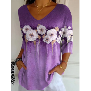 Women Floral Three Quarter Sleeve Tee T-shirt V Neck Printing Casual Spring/Fall Graphic Tee Top