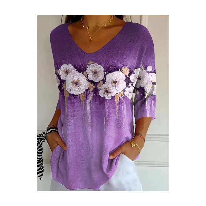 Women Floral Three Quarter Sleeve Tee T-shirt V Neck Printing Casual Spring/Fall Graphic Tee Top