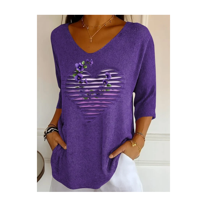 Women Floral Three Quarter Sleeve Tee T-shirt V Neck Printing Casual Spring/Fall Graphic Tee Top