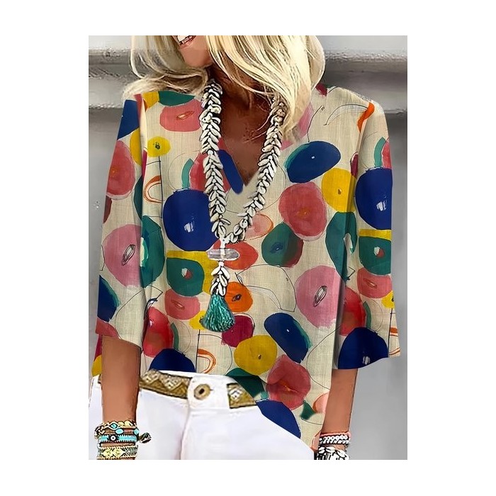 Women Abstract Three Quarter Sleeve Blouse Spring/Fall Printing V Neck Daily Casual Top